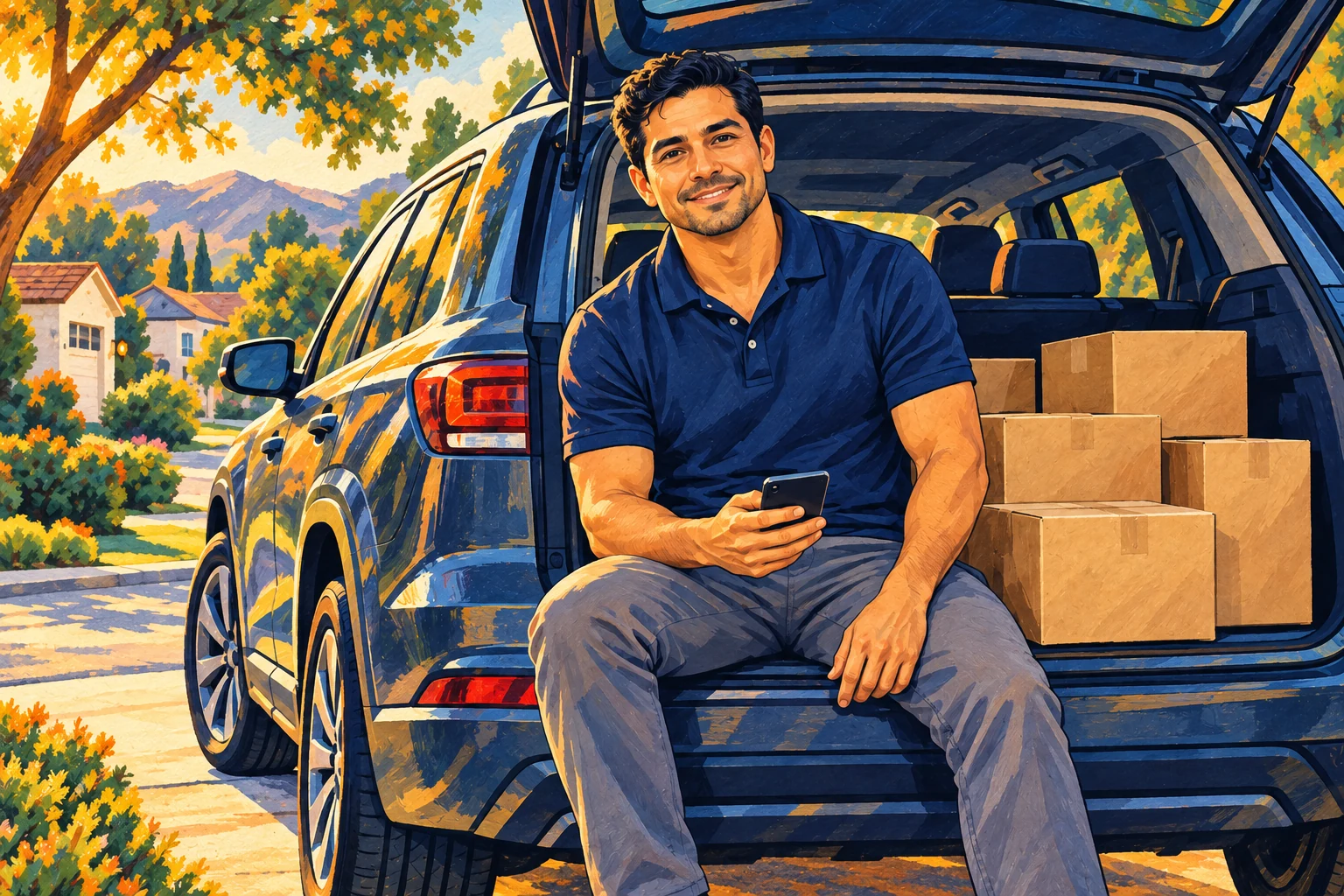 Repartidor latino sonriente junto al maletero abierto de su automóvil, ilustración profesional